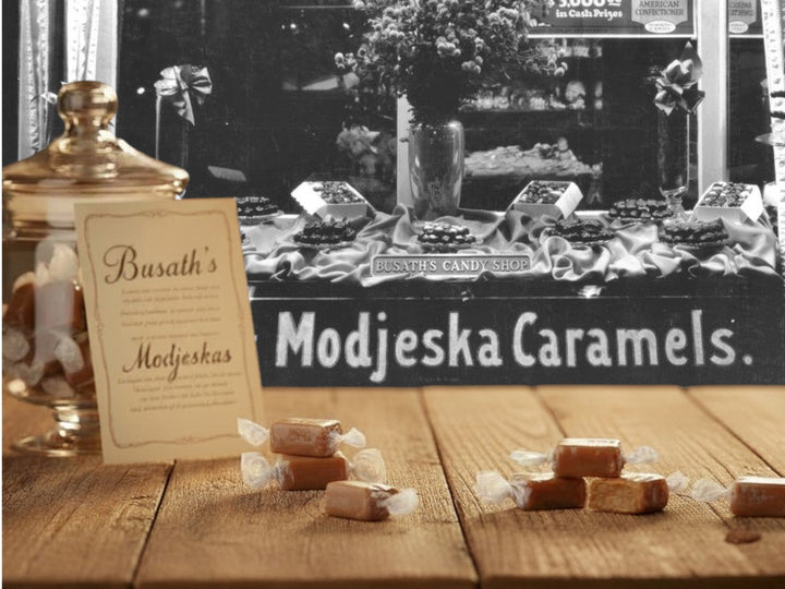 Busath's Modjeska Caramels and the original storefront in Louisville kentucky.