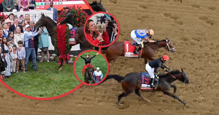 The finish line of the 152nd Kentucky Derby with Jose Ortiz riding Golden Tempo and making history with the first female trainer to win.