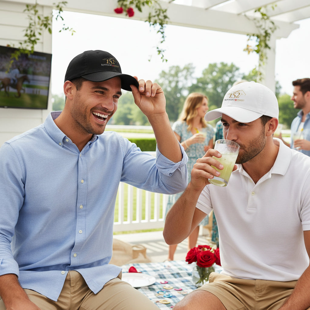 A Kentucky Derby party with 2 men wearing the derby 152 baseball cap in white and black.