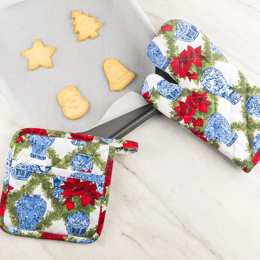 Poinsettia & Chinoiserie Oven Mitt & Potholder Set - A Taste of Kentucky