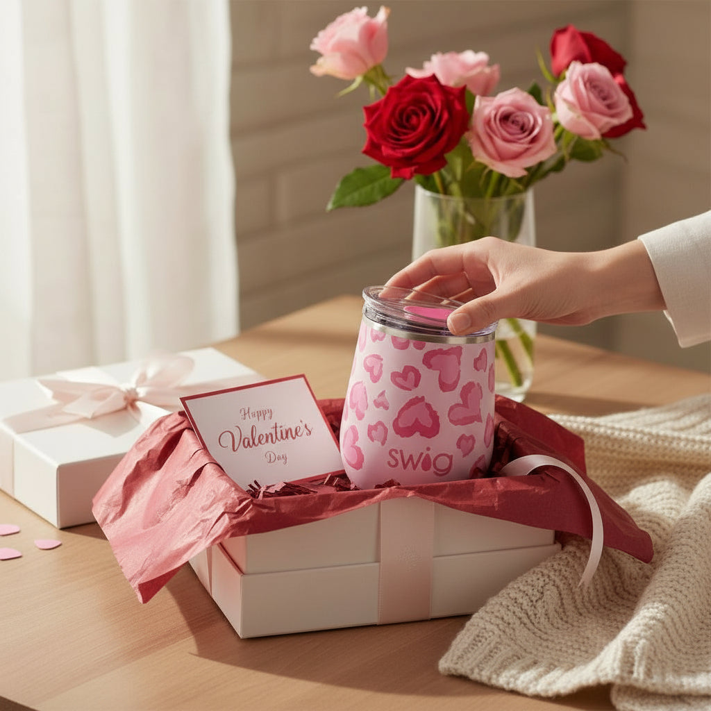 Swig tumbler with pink heart design in a gift box, surrounded by flowers and a card on a wooden surface.