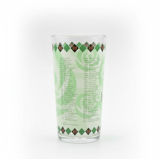  The back of the 142nd Kentucky Derby mint julep glass showing a detailed light green printed list of past racing winners wrapped around the clear cylinder.