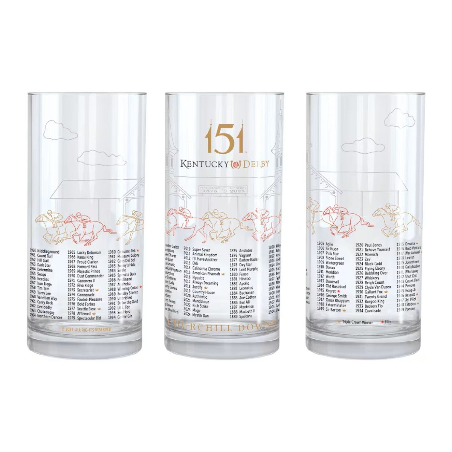 A sharp close-up view of the high-quality glass, highlighting the crisp and colorful officially licensed 151st Kentucky Derby printed graphics.