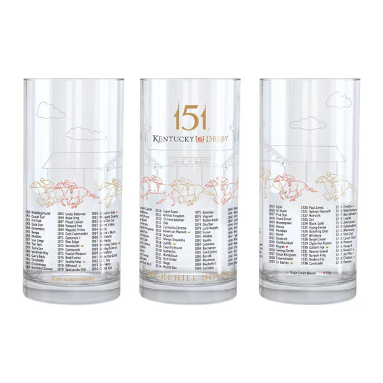 A sharp close-up view of the high-quality glass, highlighting the crisp and colorful officially licensed 151st Kentucky Derby printed graphics.