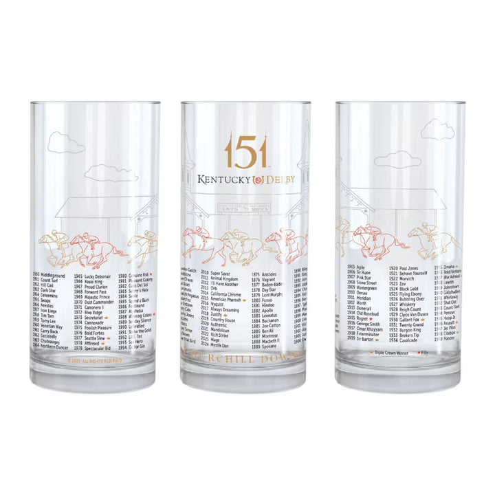 A sharp close-up view of the high-quality glass, highlighting the crisp and colorful officially licensed 151st Kentucky Derby printed graphics.