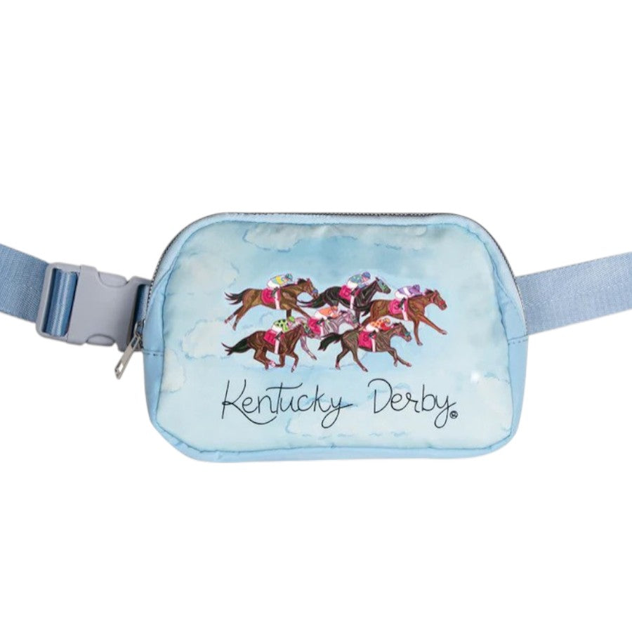 A light blue 152nd Art of the Derby belt bag shown flat against a white background, displaying a colorful graphic of racing horses and jockeys.
