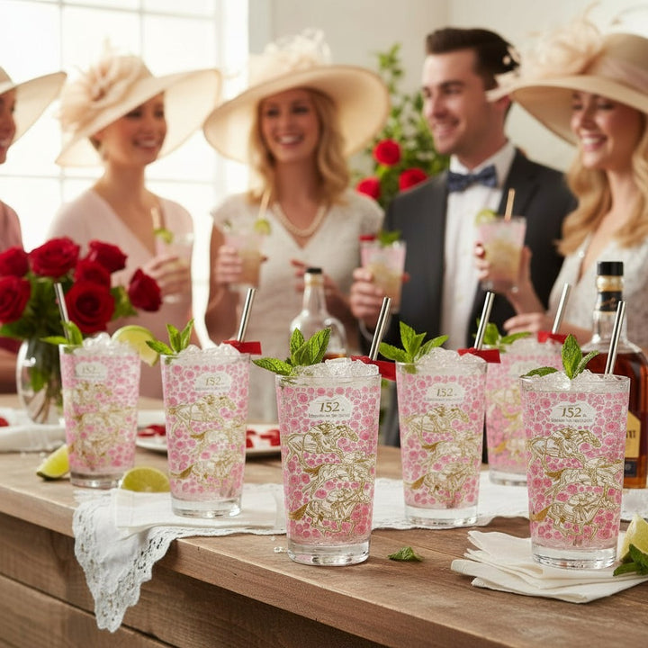 A classic mint julep with fresh mint being served in the 152nd Kentucky Derby glass.