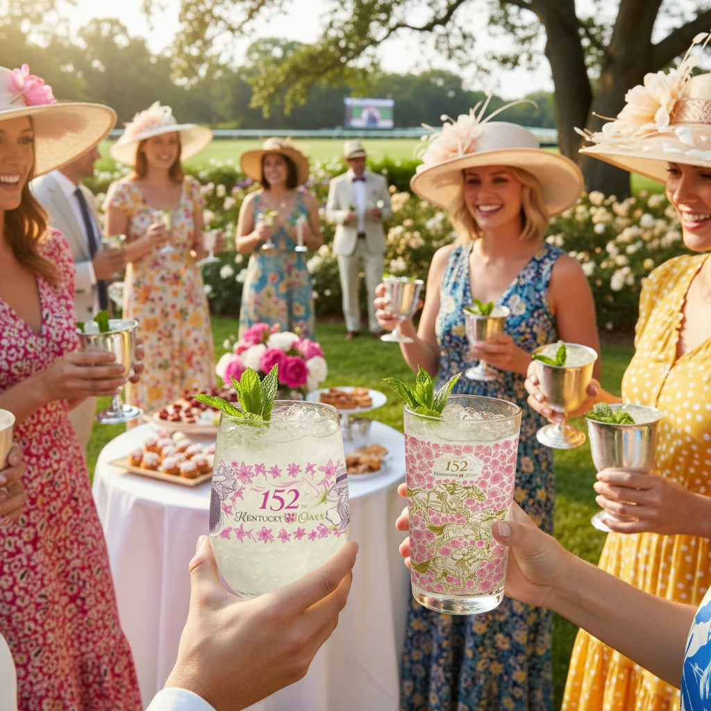 A lifestyle scene of guests toasting with the 152nd Derby and oaks glasses.
