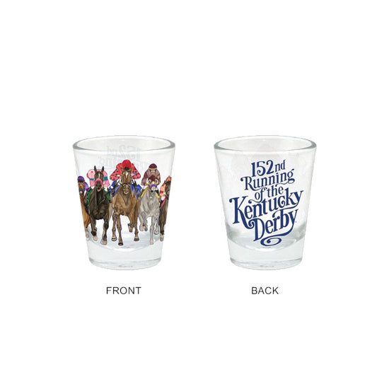 Two clear shot glasses showing the front and back designs for the 152nd Kentucky Derby, one with full-color racehorse art and the other with stylized text.