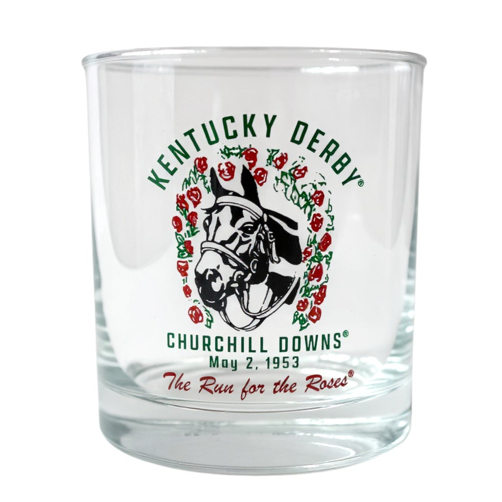 The 152nd Kentucky Derby Throwback 1953 Retro Rocks Glass with its vintage artwork.