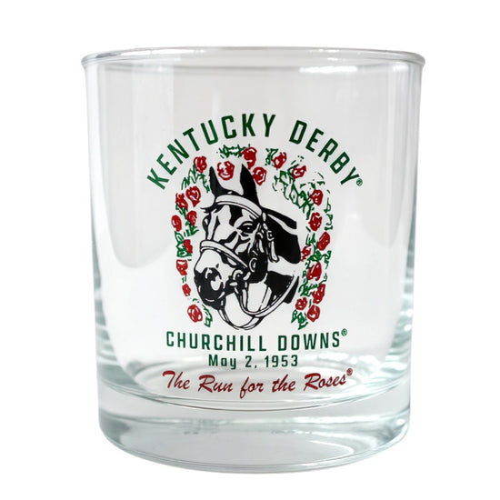 The 152nd Kentucky Derby Throwback 1953 Retro Rocks Glass with its vintage artwork.
