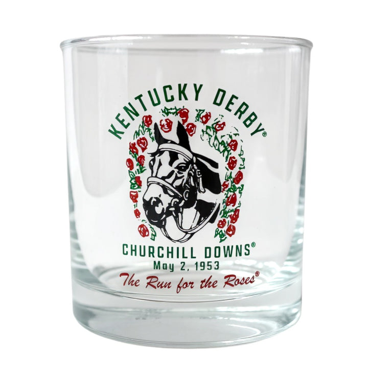 The 152nd Kentucky Derby Throwback 1953 Retro Rocks Glass with its vintage artwork.