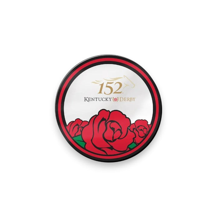 A circular acrylic mirror pin for the 152nd Kentucky Derby, showing a white background with gold '152' text, a black Kentucky Derby logo, and a cluster of red roses at the bottom.