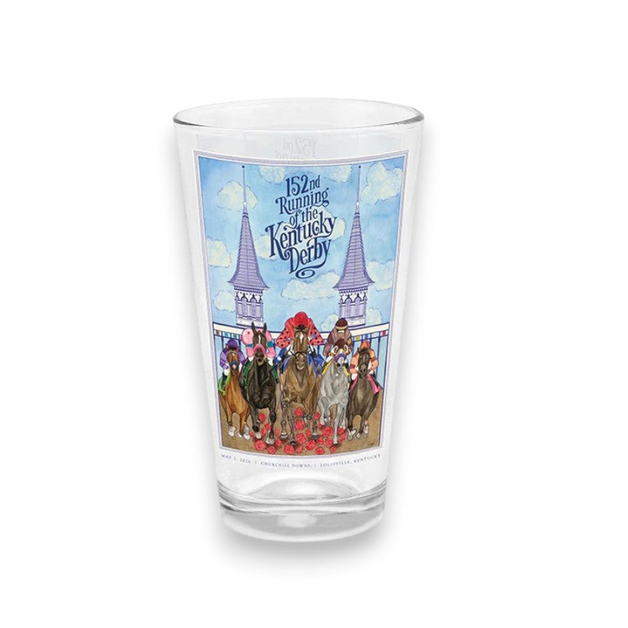 A clear 16oz glass tumbler featuring the official 152nd Kentucky Derby watercolor artwork, depicting racehorses galloping over a bed of red roses beneath the iconic Twin Spires.