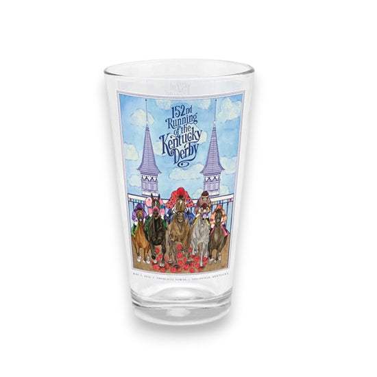 A clear 16oz glass tumbler featuring the official 152nd Kentucky Derby watercolor artwork, depicting racehorses galloping over a bed of red roses beneath the iconic Twin Spires.