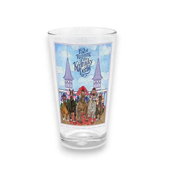 A clear 16oz glass tumbler featuring the official 152nd Kentucky Derby watercolor artwork, depicting racehorses galloping over a bed of red roses beneath the iconic Twin Spires.