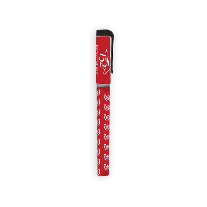 A red and black barrel pen for the 152nd Kentucky Derby, showing the "KENTUCKY DERBY 152" text on the cap and a repeating white horseshoe pattern on the red barrel.