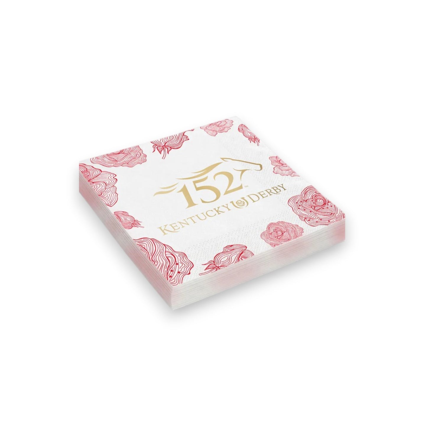 A neatly stacked pile of white beverage napkins printed with the official 152nd Kentucky Derby logo