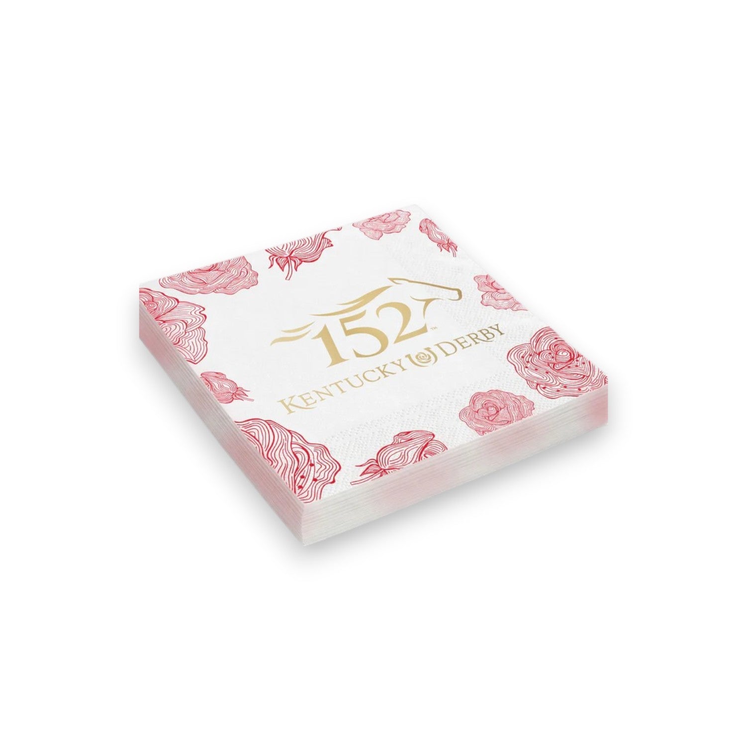 A neatly stacked pile of white beverage napkins printed with the official 152nd Kentucky Derby logo