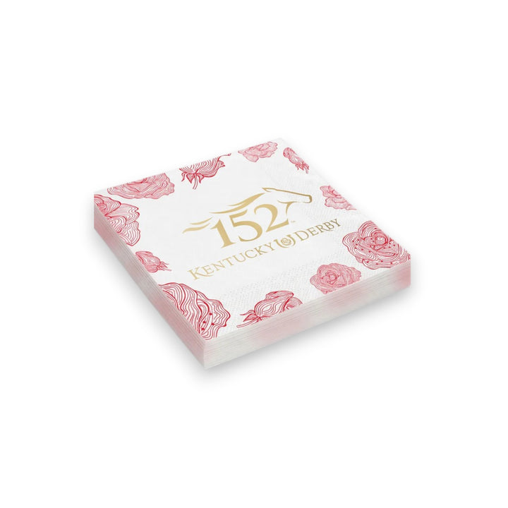 A neatly stacked pile of white beverage napkins printed with the official 152nd Kentucky Derby logo