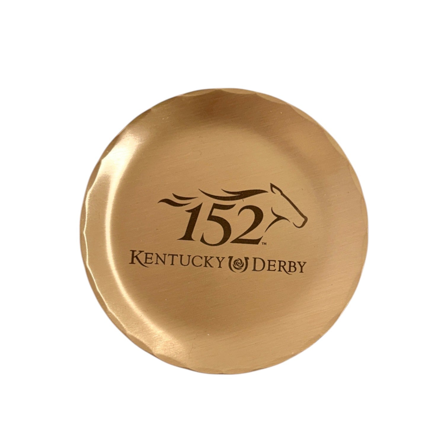 Round solid bronze coaster featuring the commemorative 152nd Kentucky Derby logo and a stylized horse head silhouette.