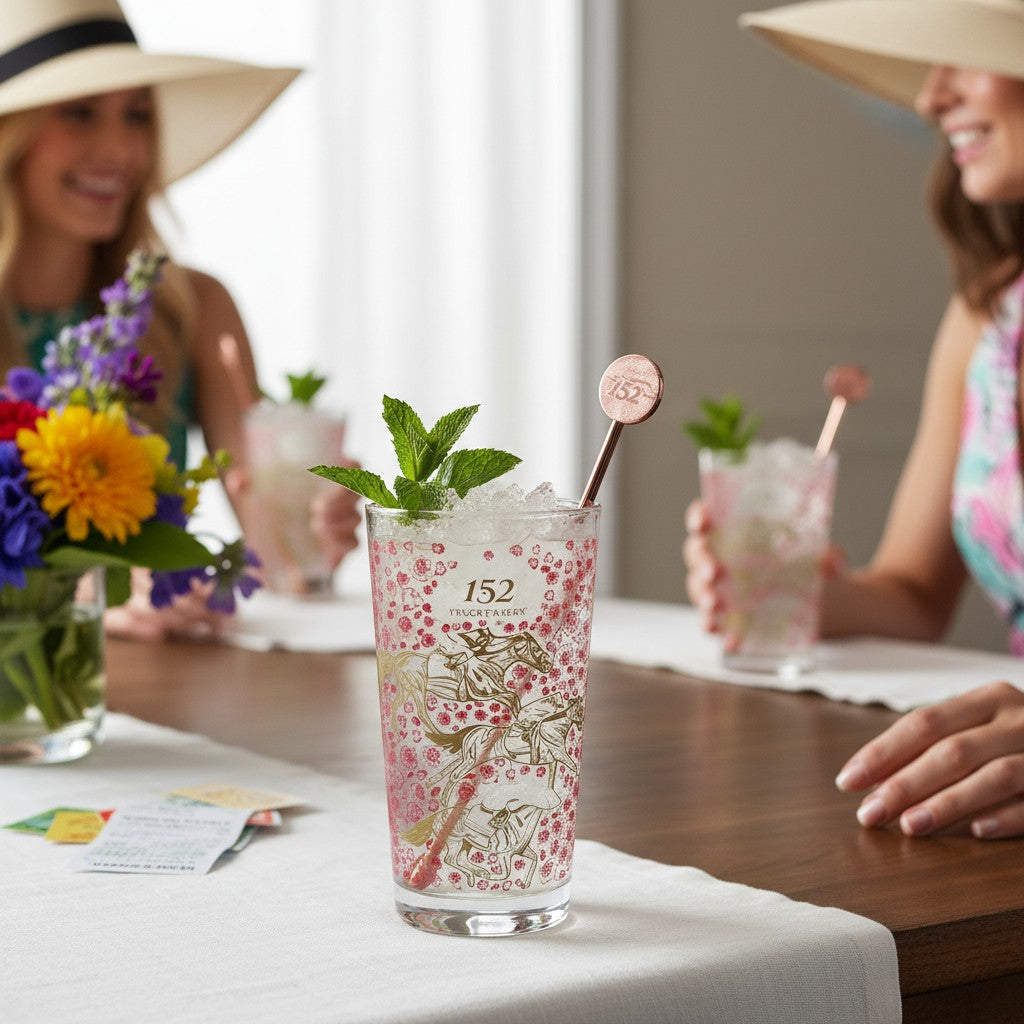 A festive Kentucky Derby watch party setting featuring a beautifully crafted Mint Julep in a decorative glass, mixed with a copper-plated 152nd stirrer stick, sitting alongside betting slips and fresh flowers.