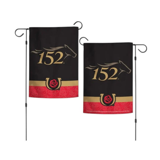 An official 152nd Kentucky Derby double-sided garden flag on a stand, featuring a gold horse head logo, the number 152, and a red rose pattern on a black background.