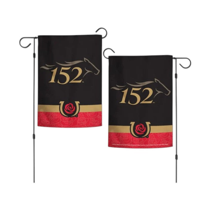 An official 152nd Kentucky Derby double-sided garden flag on a stand, featuring a gold horse head logo, the number 152, and a red rose pattern on a black background.