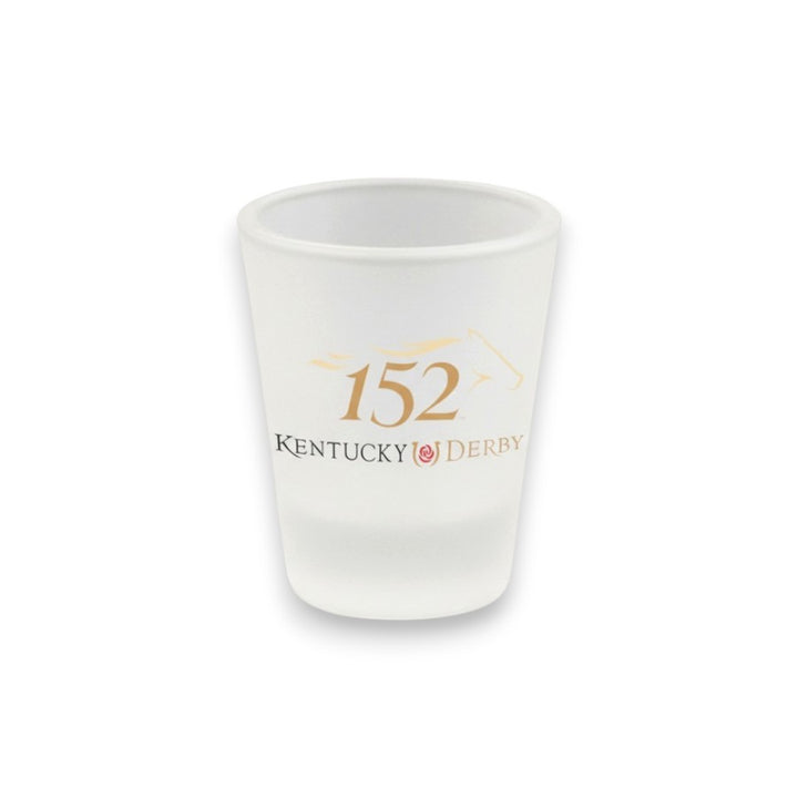 A frosted white 1.75 oz shot glass featuring a golden 152 and horse head graphic, complete with a red rose and Kentucky Derby text.