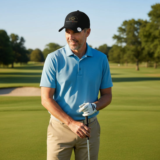 Man in blue shirt and beige pants holding a golf club on a golf course