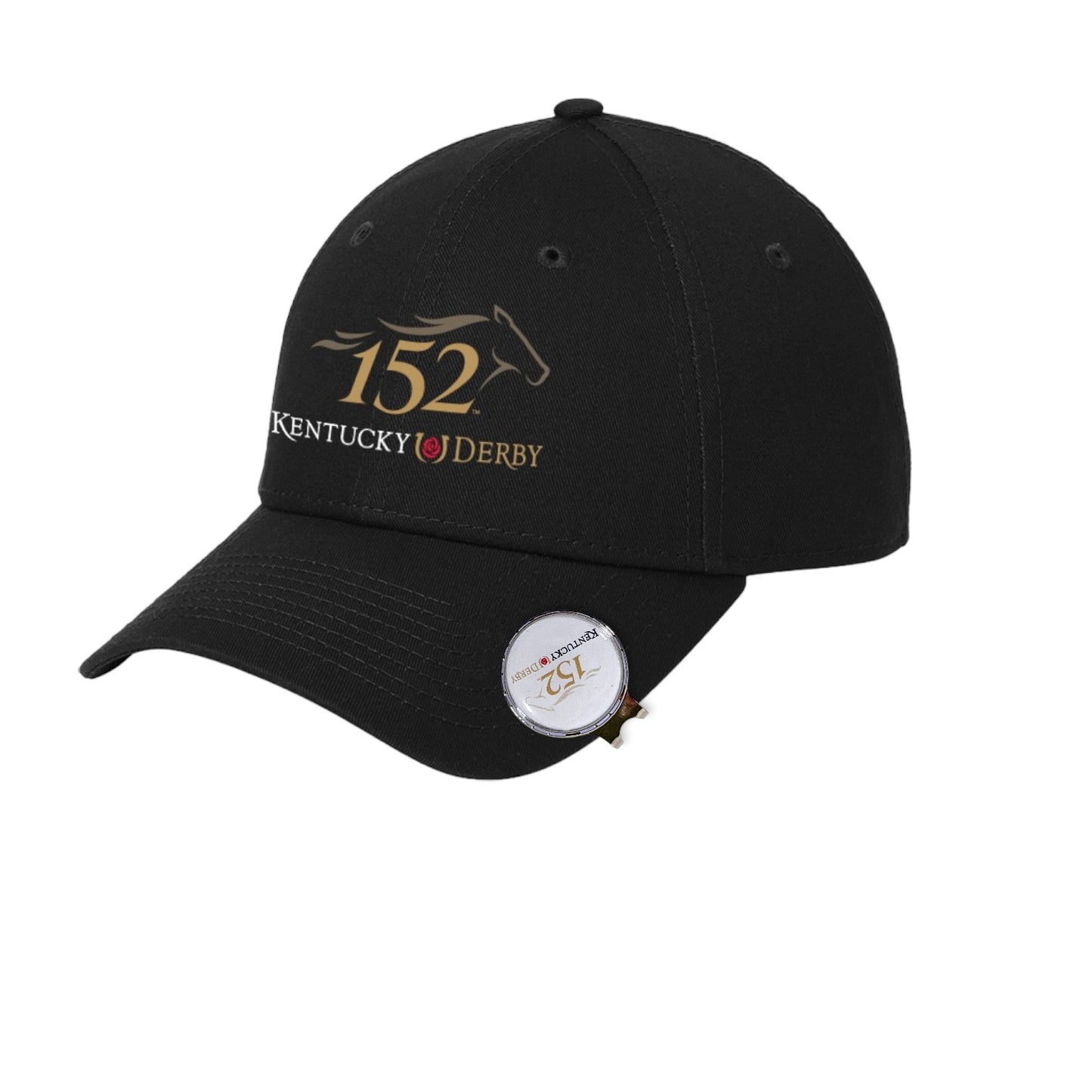 152nd Kentucky Derby magnetic hat clip and ball marker attached to the brim of a black cap.
