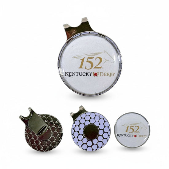  Silver nickel-silver hat clip featuring a circular domed 152 Kentucky Derby ball marker with a horse head silhouette.