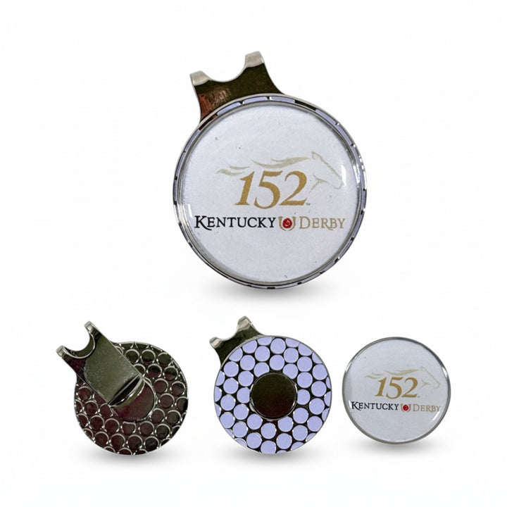 Silver nickel-silver hat clip featuring a circular domed 152 Kentucky Derby ball marker with a horse head silhouette.