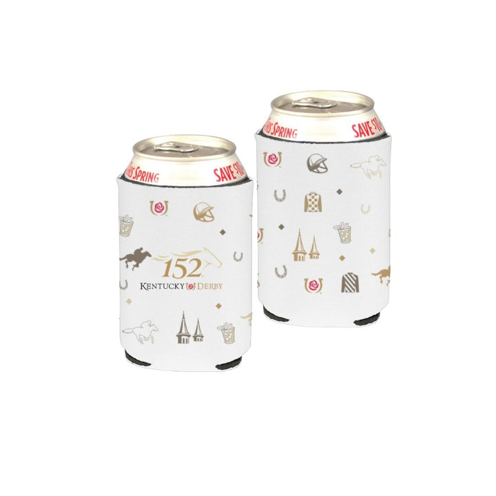 Two white 12 oz can coolers featuring the 152nd Kentucky Derby text and a repeating golden-brown pattern of jockey silks, twin spires, horses, and mint juleps.