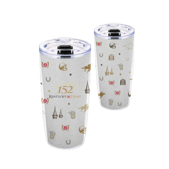 A 20oz stainless steel tumbler with a white glitter wrap featuring a golden-brown pattern of Kentucky Derby icons, including jockey silks, twin spires, and the official 152nd Derby logo.