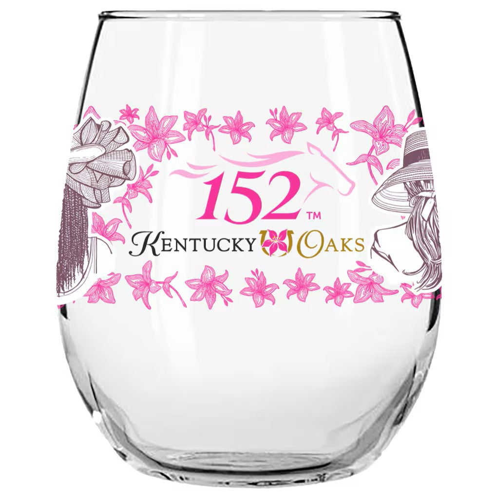 The official 152nd Kentucky Oaks 15oz stemless wine glass with its lily design.
