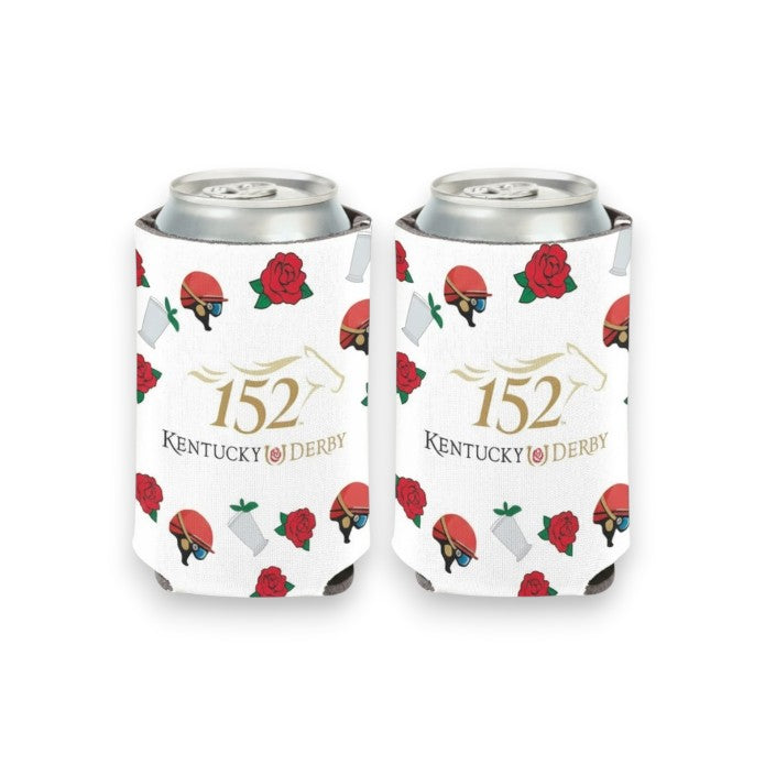 A white 12 oz can cooler for the 152nd Kentucky Derby, featuring a gold 152 logo and a repeating pattern of red roses, jockey helmets, and silver julep cups.