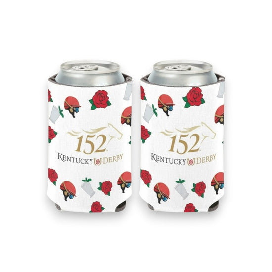 A white 12 oz can cooler for the 152nd Kentucky Derby, featuring a gold 152 logo and a repeating pattern of red roses, jockey helmets, and silver julep cups.