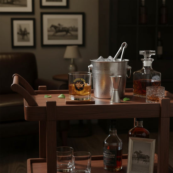 The 1966 retro rocks glass displayed on a bar with a decanter and bourbon bottle.