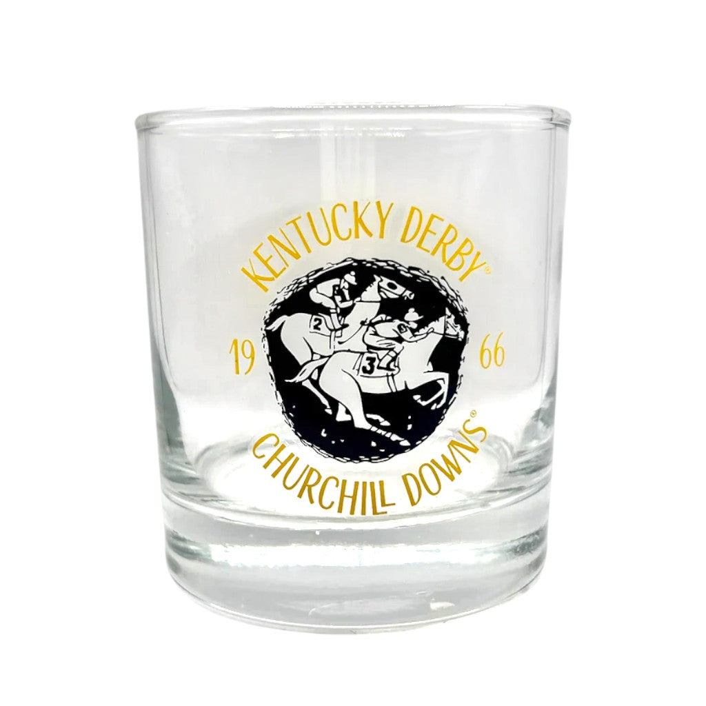 The 1966 Kentucky Derby Retro Throwback Rocks Glass with its vintage logo.