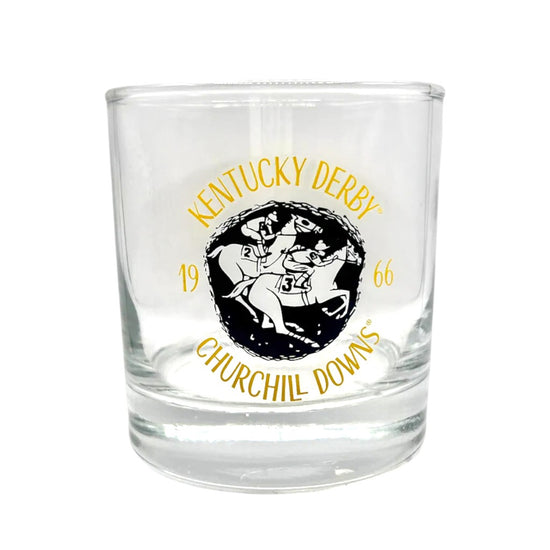 The 1966 Kentucky Derby Retro Throwback Rocks Glass with its vintage logo.