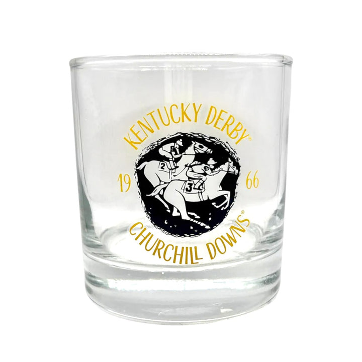 The 1966 Kentucky Derby Retro Throwback Rocks Glass with its vintage logo.