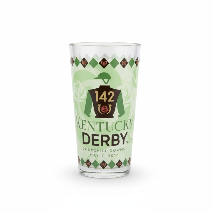 A clear 12 oz mint julep glass featuring the official 142nd Kentucky Derby logo with a brown and green jockey silk design, red roses, and the date May 7, 2016.