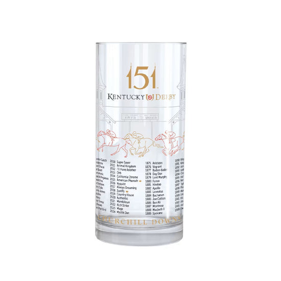 A single, clear 12 oz glass displaying the printed 2025 official 151st Kentucky Derby logo.