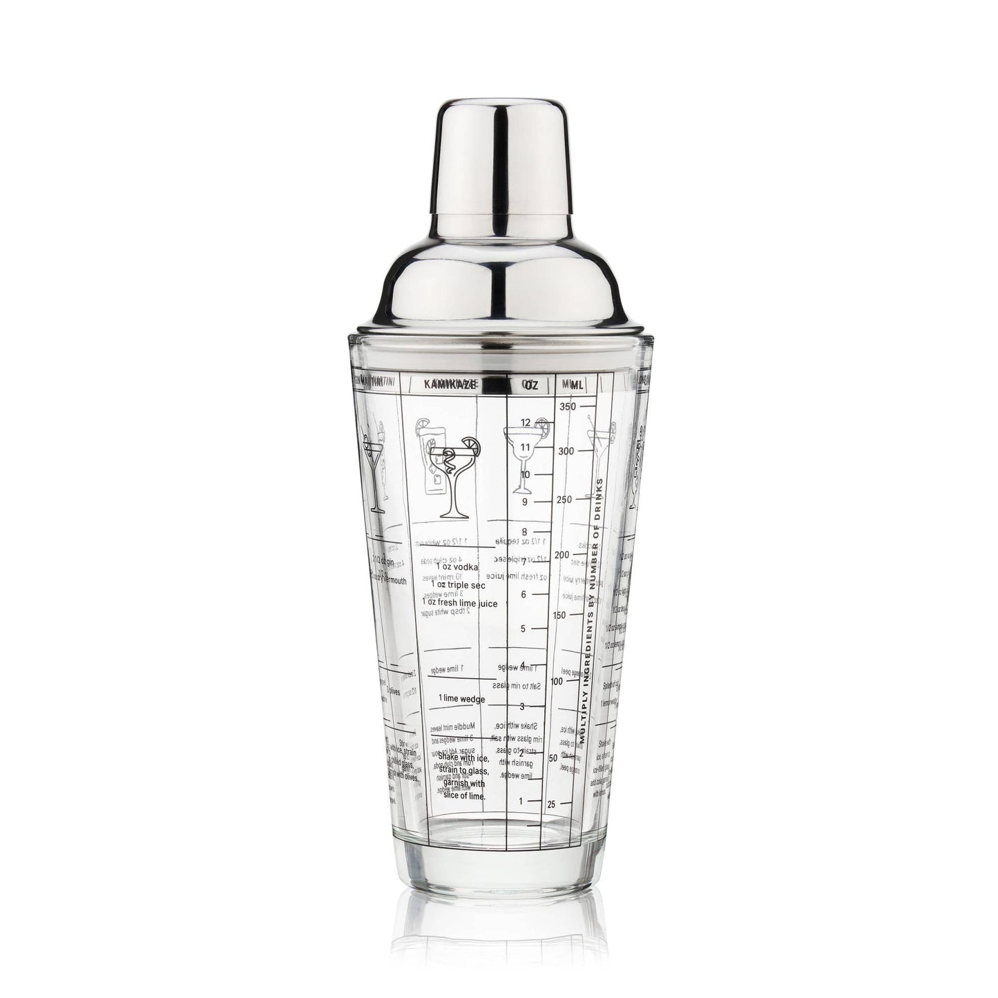 7 Cocktail Recipe Stainless Steel and Glass Shaker 13.5 oz
