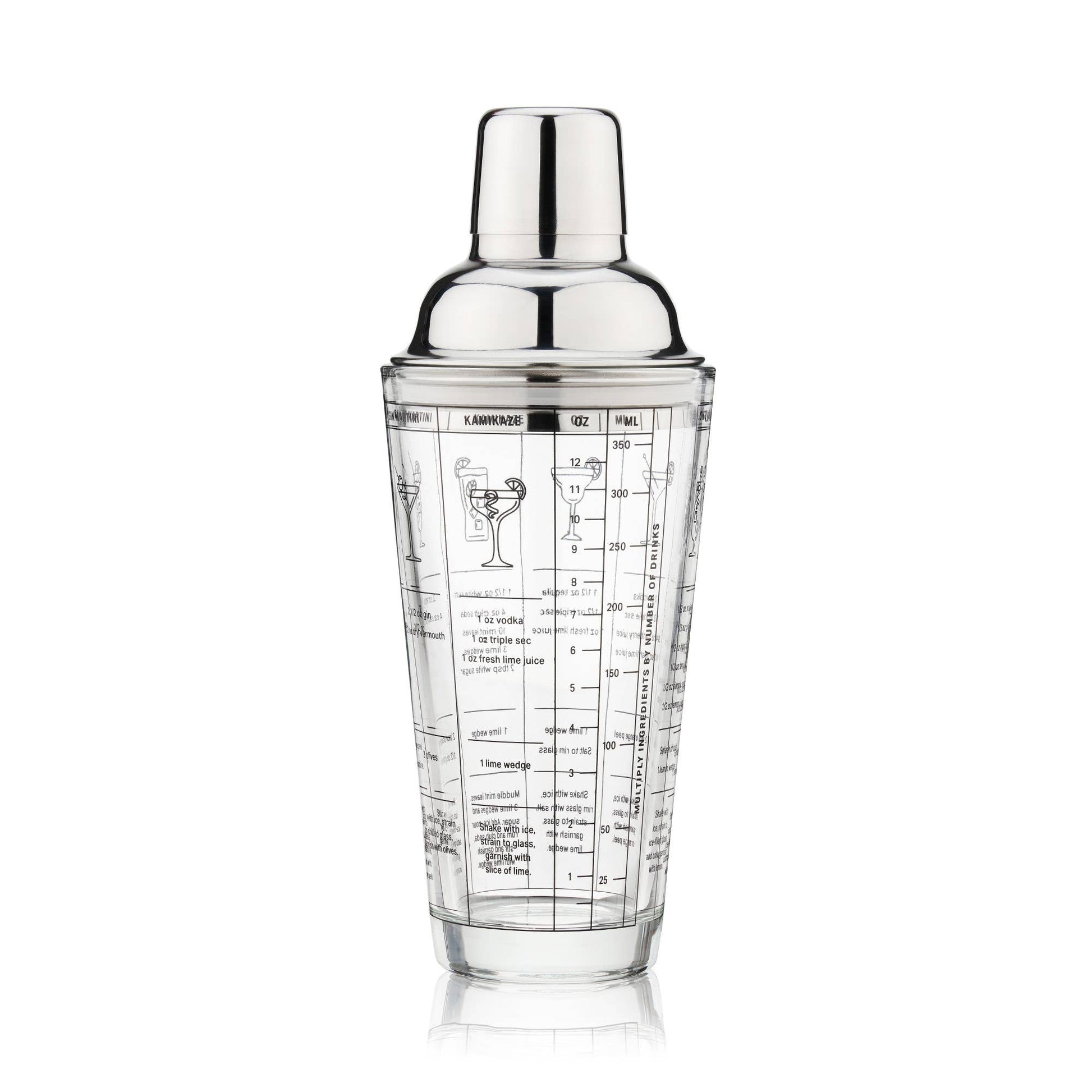 7 Cocktail Recipe Stainless Steel and Glass Shaker 13.5 oz