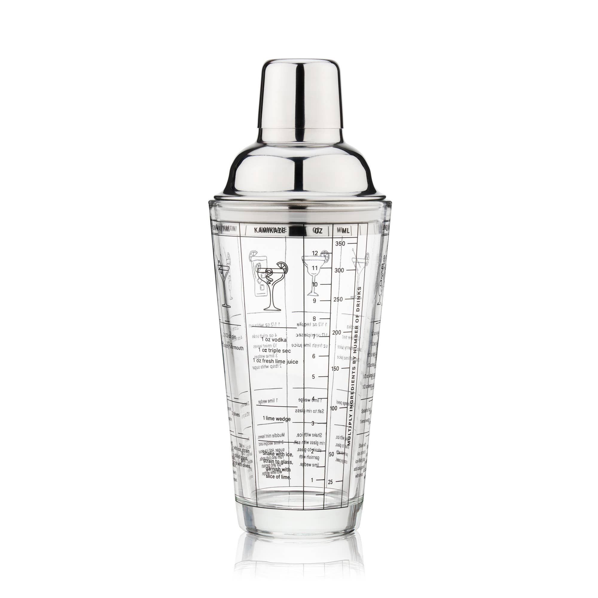 7 Cocktail Recipe Stainless Steel and Glass Shaker 13.5 oz