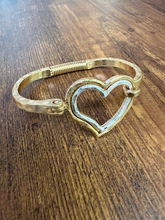 Mixed Metal Heart Cuff Bracelet -Silver/Gold
