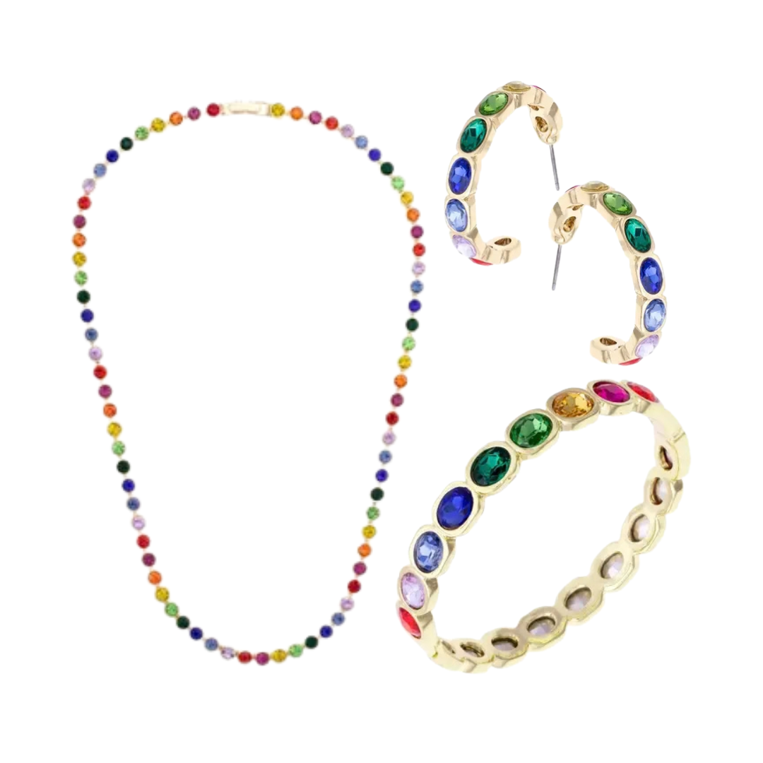 Rainbow Tennis Style Jewelry - Necklace, Hoop Earring & Bracelet