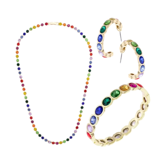 Rainbow Tennis Style Jewelry - Necklace, Hoop Earring & Bracelet